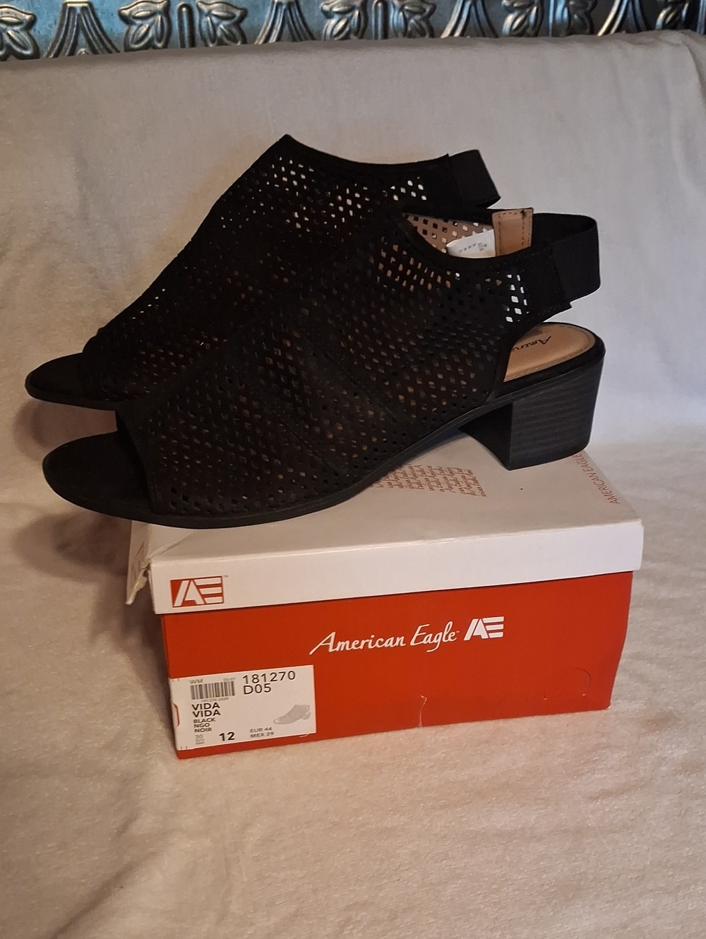 American Eagle  Black Vida Perforated Peep-Toe Slingback Block Heel Mules